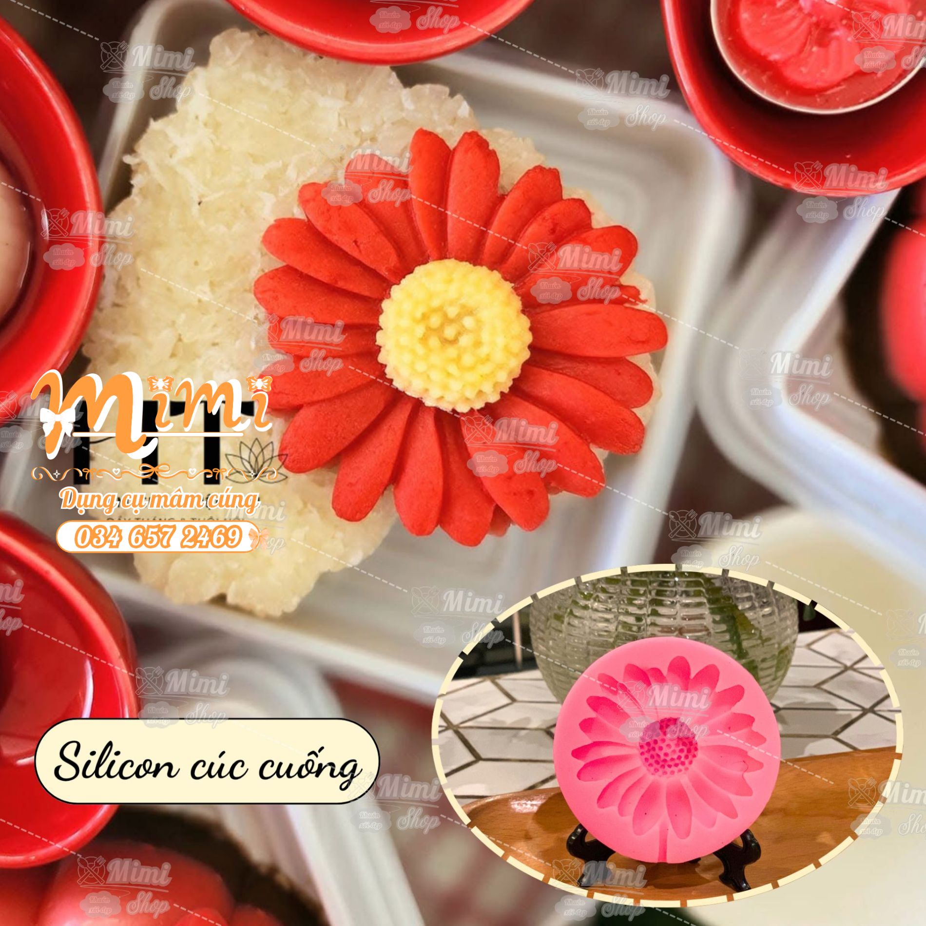 Khuôn silicon cúc có cuống thành phẩm 7cm nhấn đậu trang trí xôi